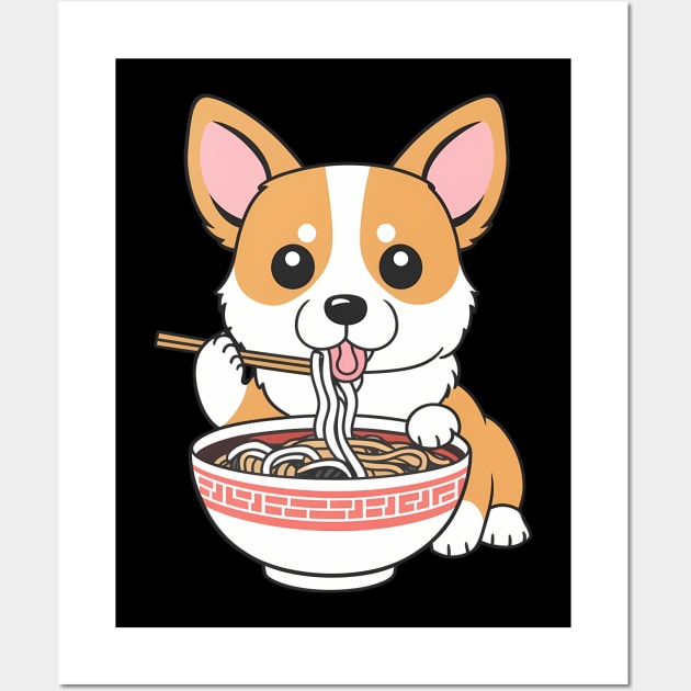 Cute Anime Corgi Dog Eating Ramen Noodles Wall Art by Abdulkakl